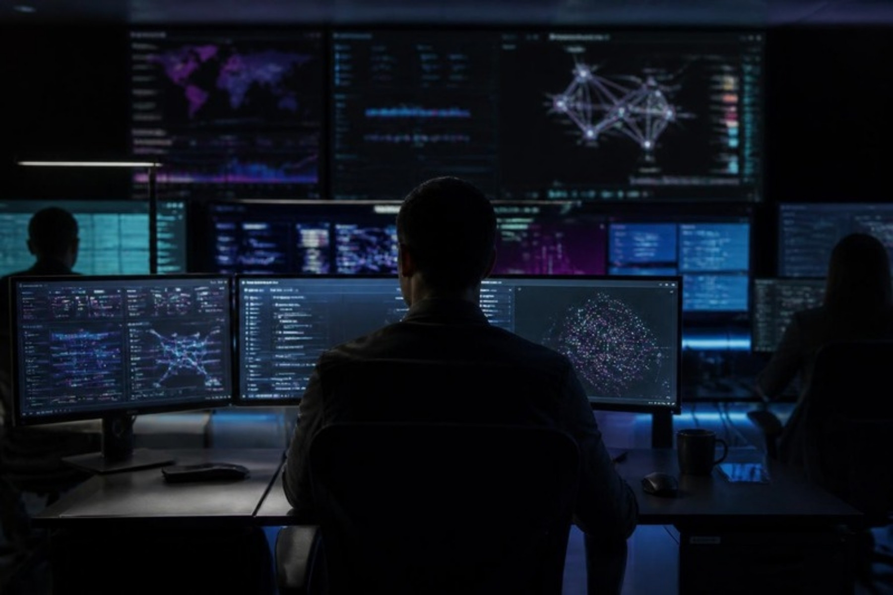 Analista frente a monitores en una sala de operaciones de ciberseguridad