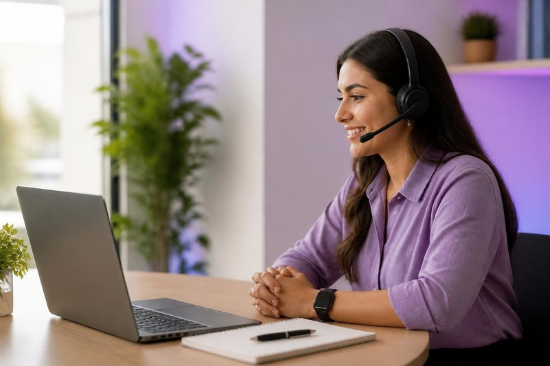 Ejecutiva de atención al cliente con audífonos frente a su laptop