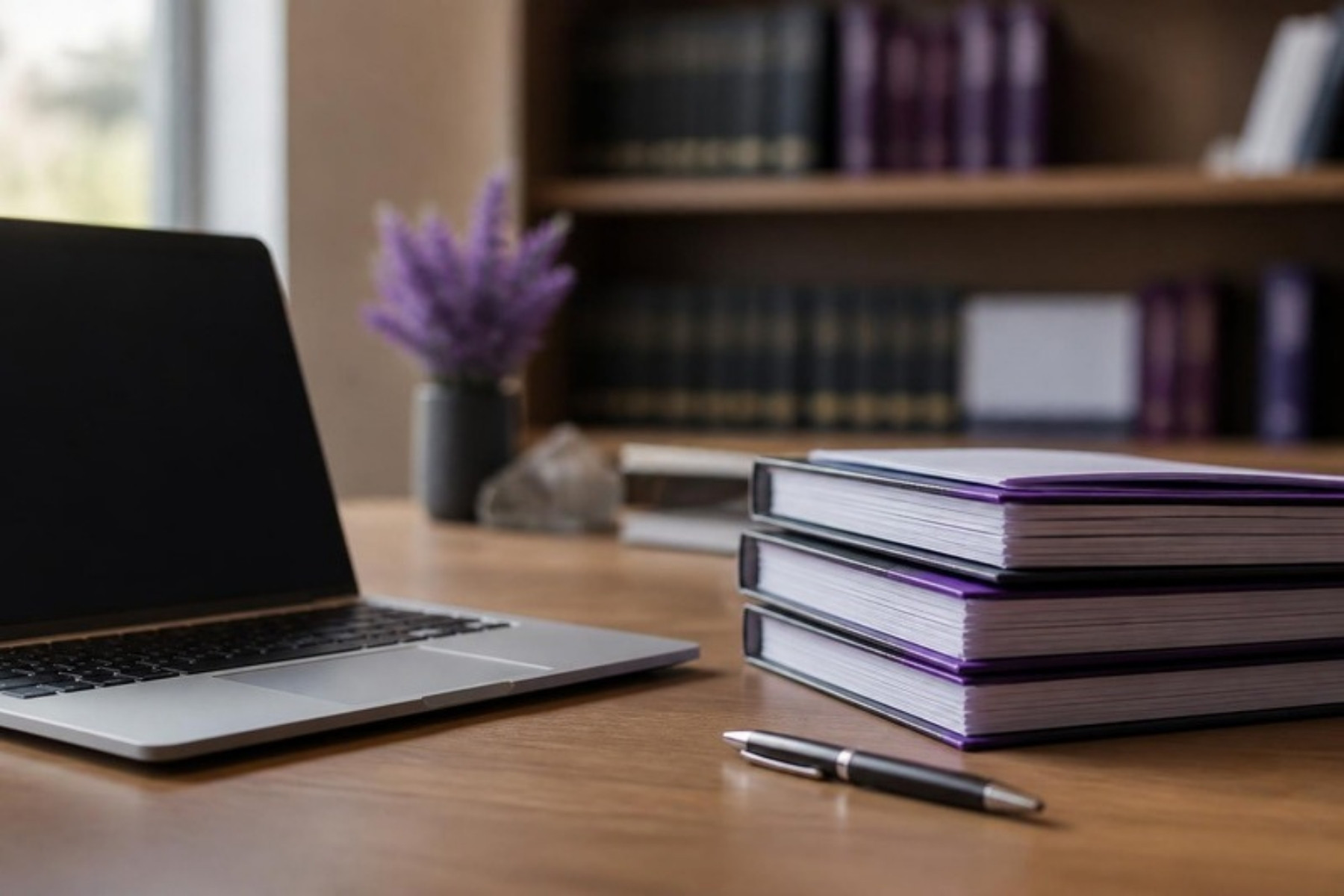 Escritorio con documentos legales y un laptop
