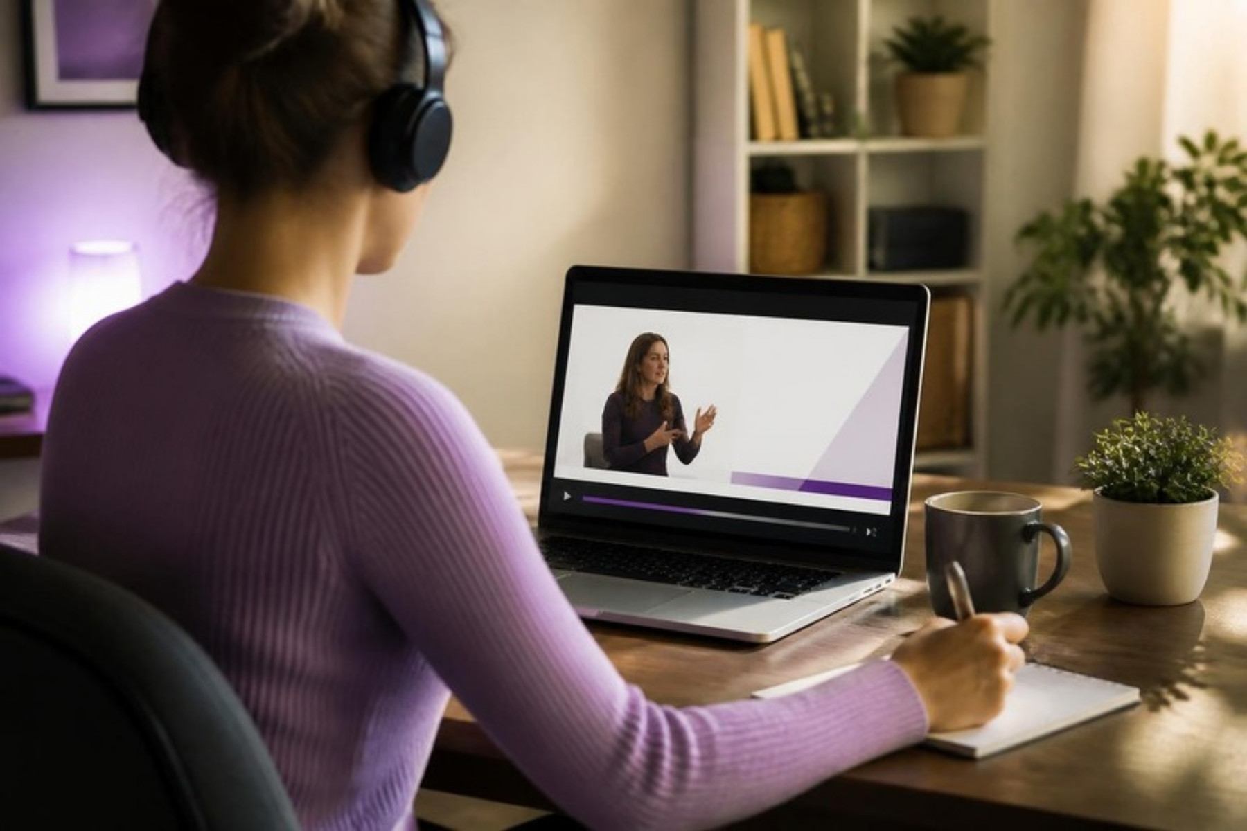 Colaboradora tomando un curso en línea en su escritorio