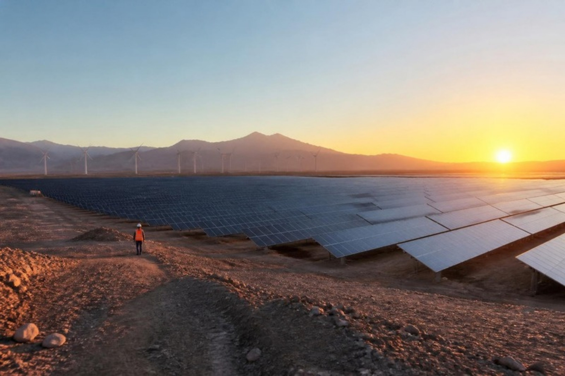Planta solar en el desierto de Atacama con aerogeneradores al fondo
