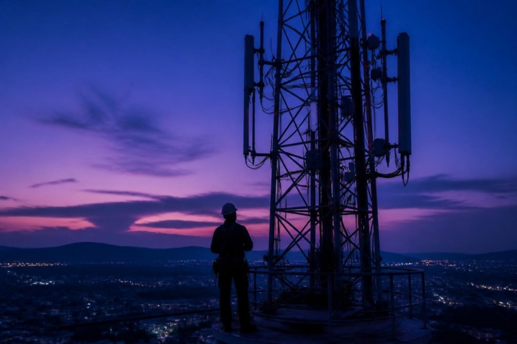 Torre de telecomunicaciones al atardecer sobre la ciudad